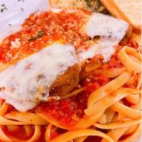 Chicken Parmigiana · chicken breasts, fried golden brown, topped with San Marzano tomato sauce & melted mozzarell...