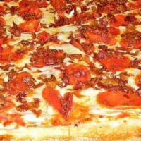 PEPPERONI WITH BACON PIZZA  · COMES W/PIZZA SAUCE, PEPPERONI, BACON & GRANDE BRAND AUTHENTIC  ITALIAN MOZZARELLA CHEESE.