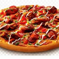 B.B.Q CHICKEN PIZZA PIZZA · COMES W/GRANDE BRAND AUTHENTIC  MOZZARELLA CHEESE , B.B.Q CHICKEN & B.B.Q SAUCE.
