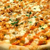 BUFFALO CHICKEN PIZZA · COMES W/GRANDE BRAND AUTHENTIC  MOZZARELLA CHEESE , BUFFALO CHICKEN & BLUE CHEESE.
