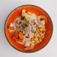 Mixto Ceviche · Corvina fish, calamari, shrimp, octopus, lime, spices, choclo, camote and canchita