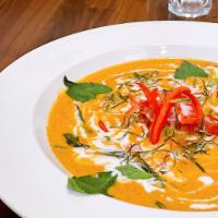 Panang Curry · Panang curry with coconut milk, bell pepper and lime leave. Gluten-free. Spicy.
