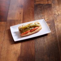 Chicago Dog · Mustard, relish, pickle, sport peppers, onion, tomatoes and celery salt.
