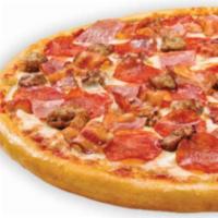 Meat Topper Pizza · Homemade pizza sauce topped with 100% real Wisconsin mozzarella cheese, pepperoni, Canadian ...