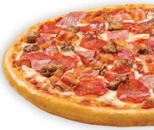 Meat Topper Pizza · Homemade pizza sauce topped with 100% real Wisconsin mozzarella cheese, pepperoni, Canadian bacon, hand-pinched Italian sausage and applewood smoked bacon.