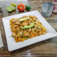 Arroz con Pollo · Mexican rice topped with grilled chicken, onions, bell peppers, cheese dip and avocado slices.