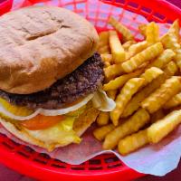 Hamburger Basket · ⅓ lb Beef Patty; 
Mayo, Mustard, Lettuce, Tomato, Pickles, and Onion.
Basket comes with Frie...