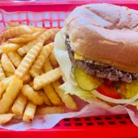 Cheeseburger Basket · ⅓ lb Beef Patty; 
Mayo, Mustard, Lettuce, Tomato, Pickles, Onion and Cheese.
Basket comes wi...
