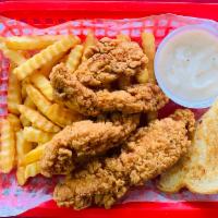 Chicken Tender Basket · 3 piece chicken tenders; fries, toast and dipping sauce.