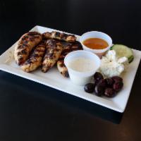 Watson Special · Feta, cukes, kalamata olives, 5 chicken tenders char-broil, with choice of dipping sauce.