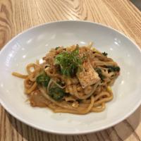 Yaki Udon · Stir-fried udon noodle with spicy sesame hoisin sauce, corn, mushroom, broccoli, spinach. Ve...