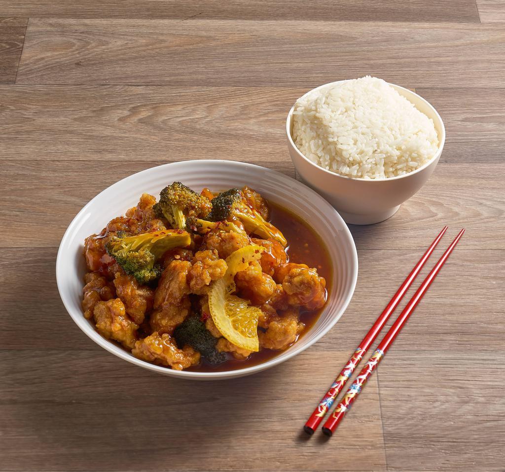 L23. Orange Chicken Lunch Special · Chicken battered and cooked in a sweet orange sauce. Hot and spicy.