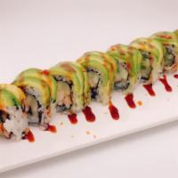 Dragon Roll · Shrimp tempura and cucumber with avocado on top with eel sauce.
