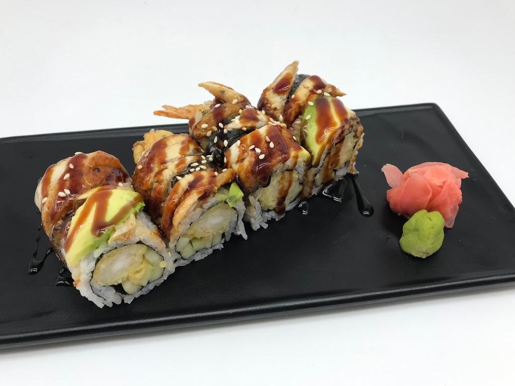 Black Dragon Roll · shrimp tempura and cucumber with eel, avocado and barbecue sauce on top 