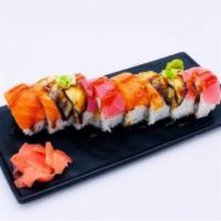 Tiger Roll · spicy tuna, avocado, and crab stick with salmon, tuna, and eel on top
