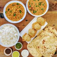 Family Meal · Serves 3-5 people. Includes your choice of two large proteins, Basmati Rice, 4 naan, 4 samos...