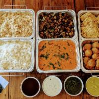 Party Pack (Feeds 10) · Includes your choice of 2 proteins,  Basmati Rice (White and Brown), Fresh Naan, Samosas, an...