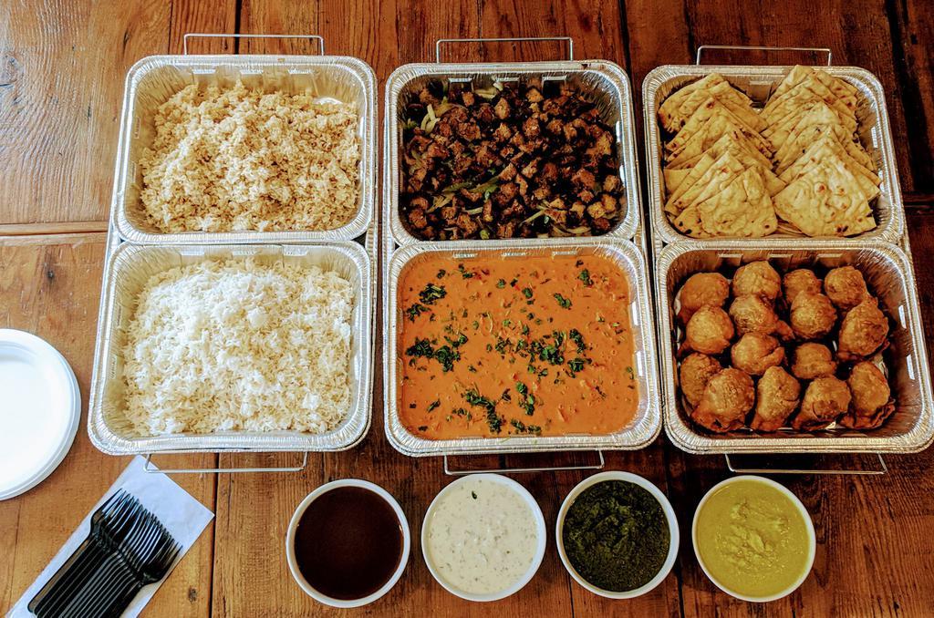 Party Pack (Feeds 10) · Includes your choice of 2 proteins,  Basmati Rice (White and Brown), Fresh Naan, Samosas, and Chutneys