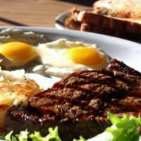 STEAK & EGGS · 10oz Angus top sirloin, seasoned and chargrilled. Served with a side of breakfast potatoes, ...