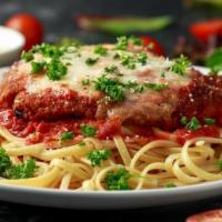Chicken Parmesan Pasta · All-white meat chicken, lightly breaded, atop a bed of Fettuccine, covered with your choice ...