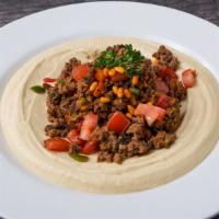 Hummus with Kafta Beef · ground beef mixed with minced onions, diced tomatoes, jalapeno, parsley, Mediterranean seaso...