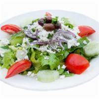 Small Greek Salad · seasonal mixed greens, tomatoes, cucumbers, red onions, feta, kalamata olives and lemon vina...