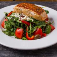 Za'atar-Dusted Wood-Fired Salmon Salad · Wood-fired Norwegian salmon, Tuscan kale, baby arugula, spinach, red bell peppers, tomatoes,...