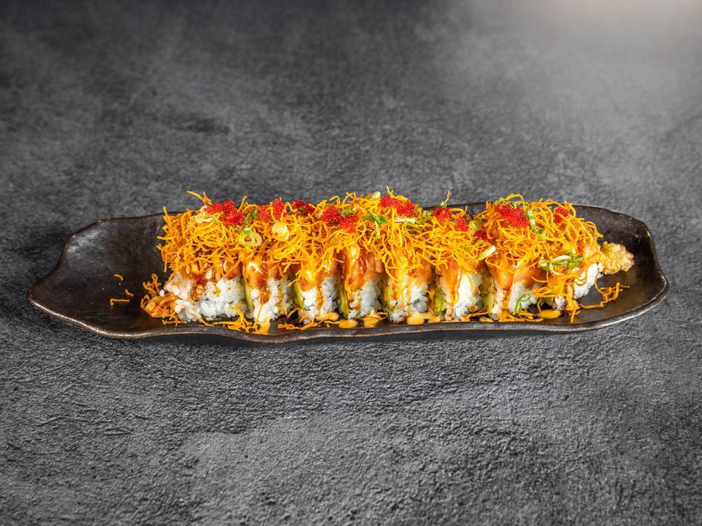 Firecracker Special Roll · Shrimp tempura, avocado topped with spicy tuna and sweet potato tempura.