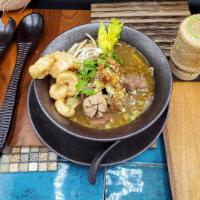 Beef Noodle Soup with Meatballs · Spices braised beef, tendon, tripe, beef meatballs, bean sprout, onion, cilantro, Chinese ce...