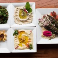 Meat Mezza for Two · Tabouleh, humos, grass- fed kafta kabob, baba ghanouje, meat pie, rice and pita bread.