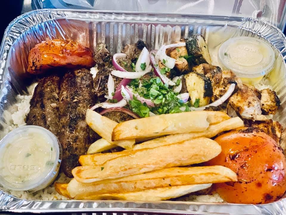 Family Pack Kabobs · Serves 5 people 
House salad (upgrade with feta and olives for $4 extra
Humos platter
Mix of lamb,chicken and kafta kabobs  served with basmati rice and fries
