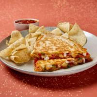 First Rule of Chicken Club Quesadilla · Served in a flour tortilla with all-natural chicken, bacon, your choice of beans, lettuce, t...