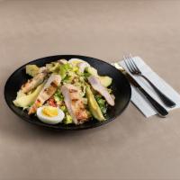 Chopped Cobb Salad · Mixed greens, avocado, cherywood bacon, red pepper, queso fresco, boiled egg and Mediterrane...
