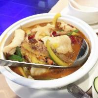 8. Boiled Fish Fillet in Spicy Red Broth · Hot and spicy.