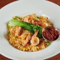 Shrimp Fried Rice. · Shrimp, Rice, Egg, Mixed Veggies, Sesame Seeds, and grilled Baby Bok Choy with Fried Chili O...