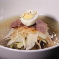 Mul Neng Myun Noodle · Buckwheat noodle in cold beef, broth, beef, hardboiled egg, Asian pear, and veggies.