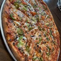 Veggie Pizza · Fresh mushrooms, onions, fresh tomatoes, black olives, green peppers.  