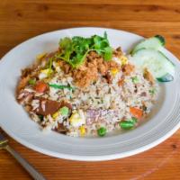 R3. Chinese Sausage Fried Rice · Fried rice with egg, Chinese sausage, tomato, onion and diced mixed vegetables, topped with ...