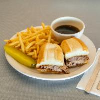 French Dip Sandwich · Sliced roast beef served on a grilled french roll with au jus.
