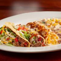 Laredo · Beef enchilada, cheese enchilada and crispy beef taco.  Served with refried beans and choice...
