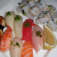 Sushi Combo A · Tuna, salmon, yellowtail, albacore, freshwater eel & sushi and California roll. Served with ...