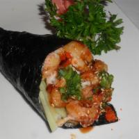 Baby Lobster Hand Roll · Baked baby lobster, crab, avocado, cucumber, green onion and smelt eggs with eel sauce wrapp...