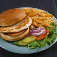 Grilled Chicken Sandwich · Served on a fresh baked premium bun with your choice of mayo, mustard, ketchup, lettuce, tom...