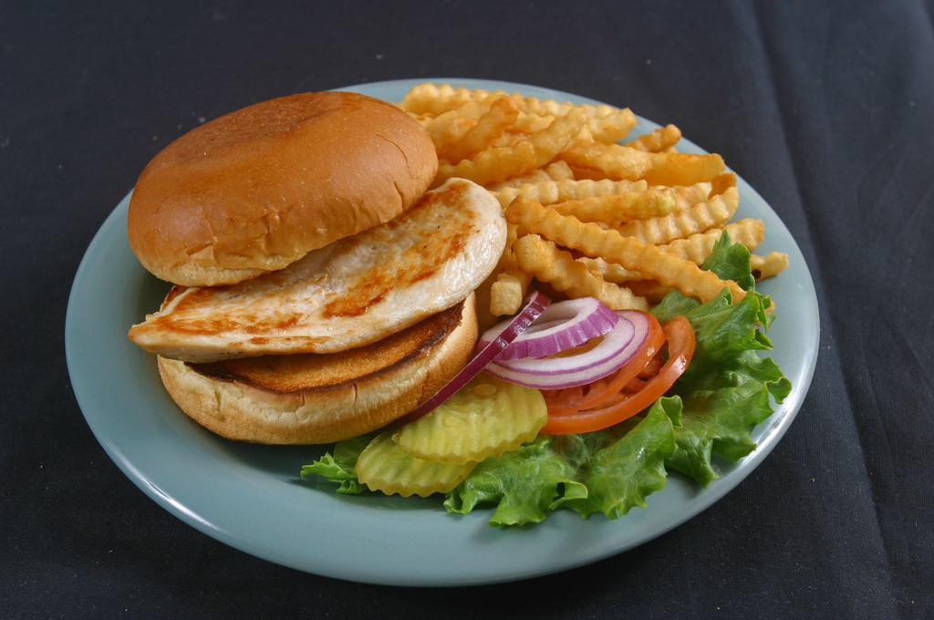 Grilled Chicken Sandwich · Served on a fresh baked premium bun with your choice of mayo, mustard, ketchup, lettuce, tomatoes, and pickles.