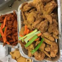 12 Chicken Wings · Fresh seasoned jumbo wings fried crispy served with celery, carrot, and buttermilk ranch.
