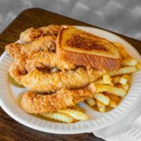 Chicken Tender · Fresh chicken strips lightly battered. Served with crinkle cut fries.