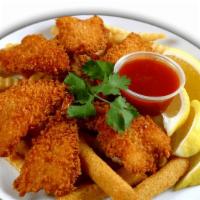 6 Shrimp · Fresh hand battered  shrimp in bread crumbs. Served with crinkle cut fries, hushpuppies, and...