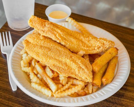 2 Fried Catfish Fillets · Fresh seasoned catfish fillet battered with cornmeal fried until golden crispy. Served with crinkle cut fries, hushpuppies, and tartar sauce.