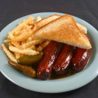 2 Hot Links · Served with Texas toast, crinkle cut fries, and jalapenos.