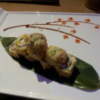Mayflower Roll · Inside; shrimp, crab meat, avocado. Outside; roll fried in tempura batter, with spicy mayo a...